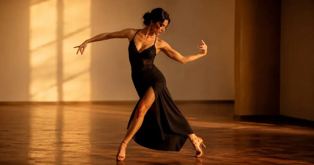 Mujer practicando técnica femenina de tango argentino en sala de ensayo