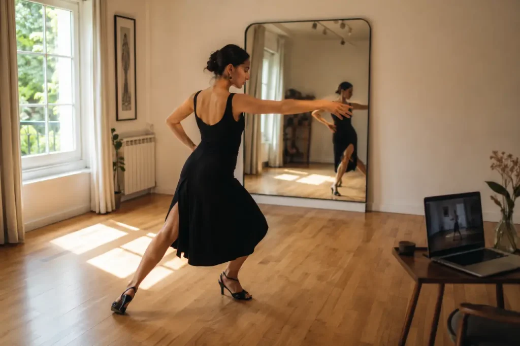 Mujer en clase privada de tango online recibiendo corrección de postura por videollamada